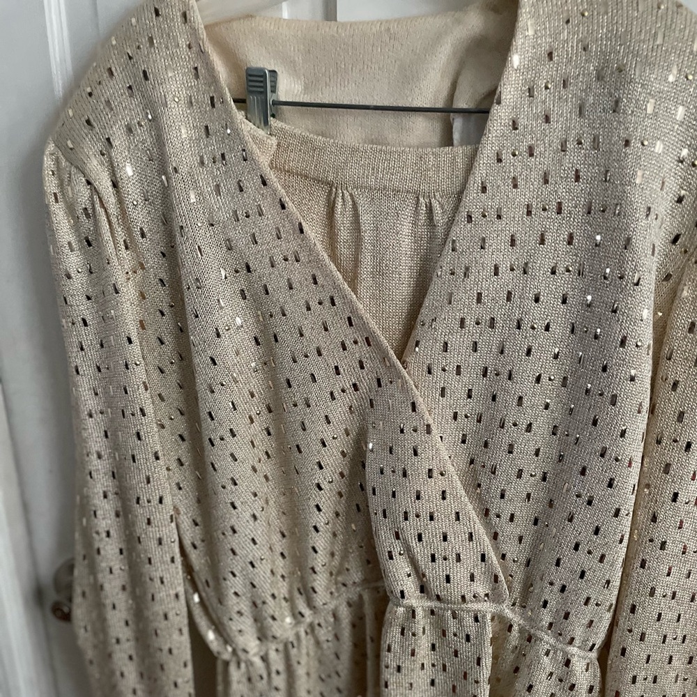 Vintage St. John by Marie Grey Ivory Sequin Knit Belted Sweater Set sz 14 Skirt